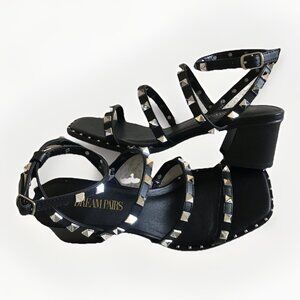 DREAM PAIRS Studded Sandals Black Silver Strappy Chunky Heels 6.5